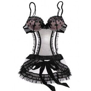 NWOT Victoria's Secret French Maid Mesh Ruffle Sequin push up, Ribbon, Black 36D